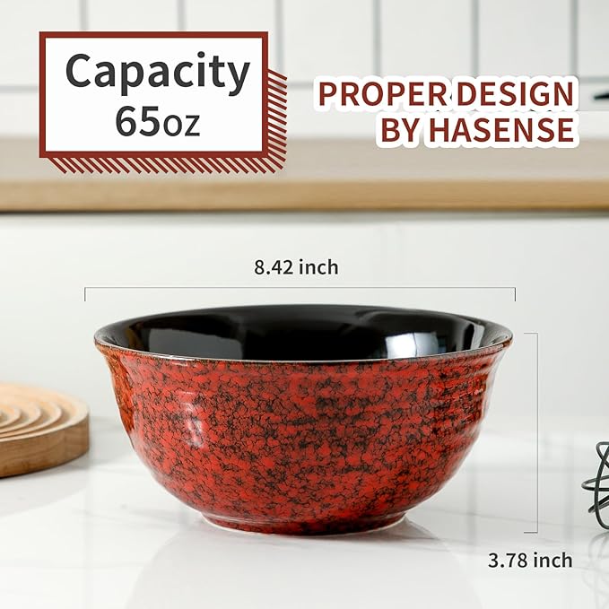 Hasense Ceramic Salad Bowl, 60 Ounces Large Serving Bowls, 8.5 Inch Soup Bowls Set of 2, Pasta Bowls for Ramen, Pho, Fruit, Housewarming, Wedding Gifts, Microwave Dishwasher Safe, Red