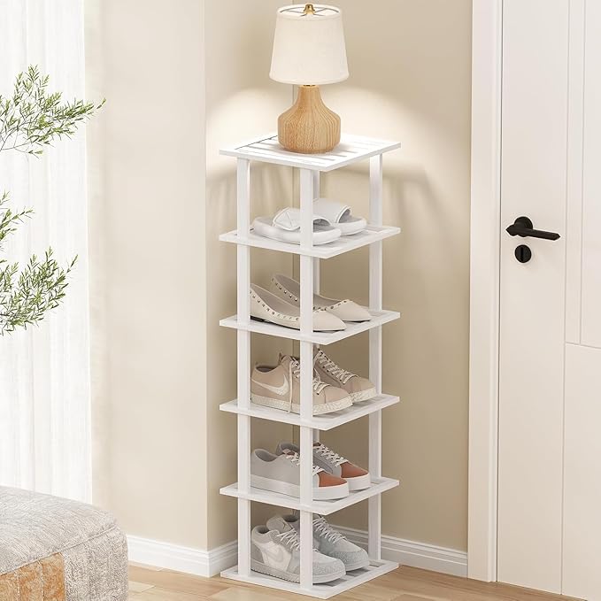 White Bamboo Shoe Rack - Vertical Shoe Rack for Small Spaces