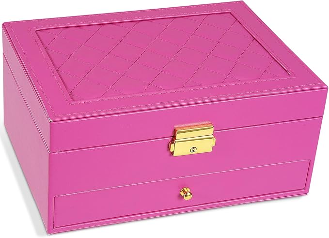 2-Layer Jewelry Box for women, jewelry organizers and storage with Removable Jewelry Tray, vintage quilted top Lockable Jewelry Holder Gift Idea Rose Red
