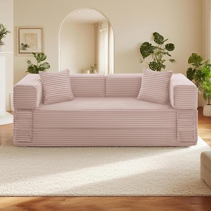 Sectional Boneless Couch Convertible Sofa Bed, 78'' Modular Sectional Sleeper Sofa with Removable Armrests & 3 Pillows, Small Floor Couch No Assembly Needed for Living Room, Office, Bedroom, Pink