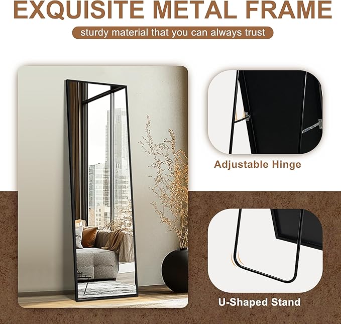 Delma Wall Full Length Mirror,Standing Mirror Full Body,Large Floor for Wall Door Bedroom Bathroom Living Room with Aluminium Frame(with Stand,56x15-Black)