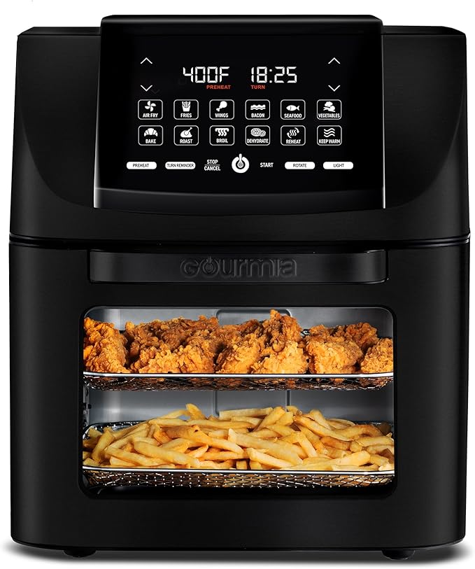 Gourmia Air Fryer Toaster Oven Combo - All-in-One 14-Quart Digital Air Fryer Toaster Oven with Rotisserie & Dehydrator – 12 Presets, Guided Cooking Prompts, 1750W, Dishwasher-Safe Accessories