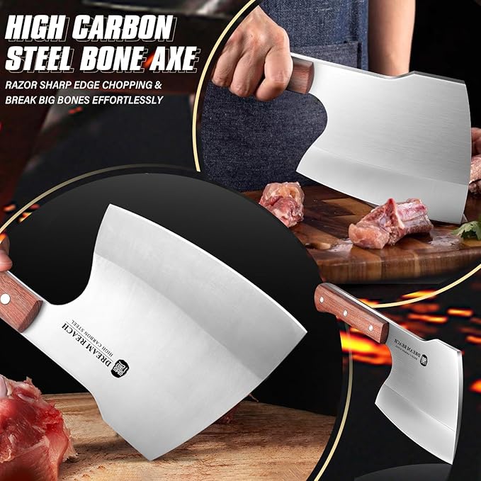 Dream Reach Meat Cleaver Knife Heavy Duty Bone Chopper Stainless Steel Butcher Axe Hand Forged Butcher Knife Meat Bone Cleaver for Kitchen Outdoor BBQ