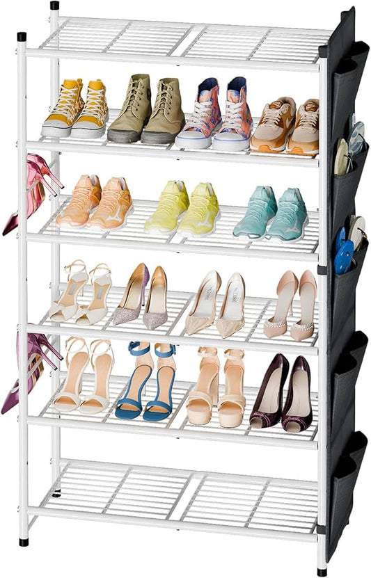 6-Tier Shoe Rack, 27" Wide Shoe Organizer for Closet, 24 Pairs Large Metal Shoe Shelf, Entryway, Bedroom, White