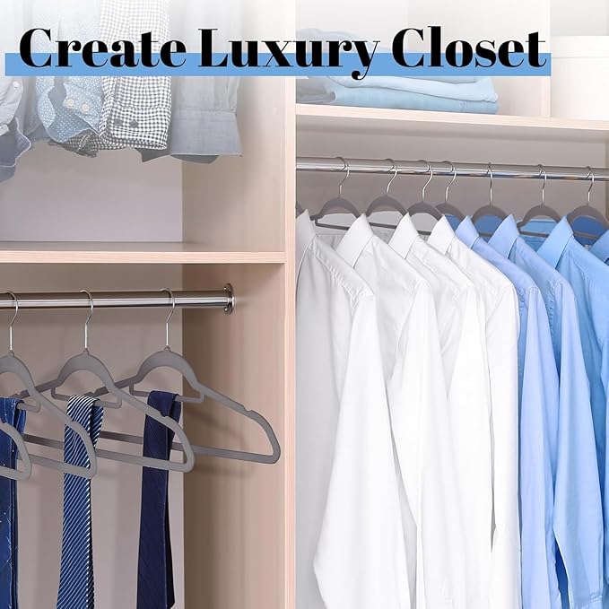 Smartor Grey Velvet Hangers 60 Pack, Space Saving Clothes Hangers with Tie Bar, Non-Slip Felt Hangers with Shoulder Notches, Heavy Duty Suit Hangers for Coat, Shirt, Pants, Dress