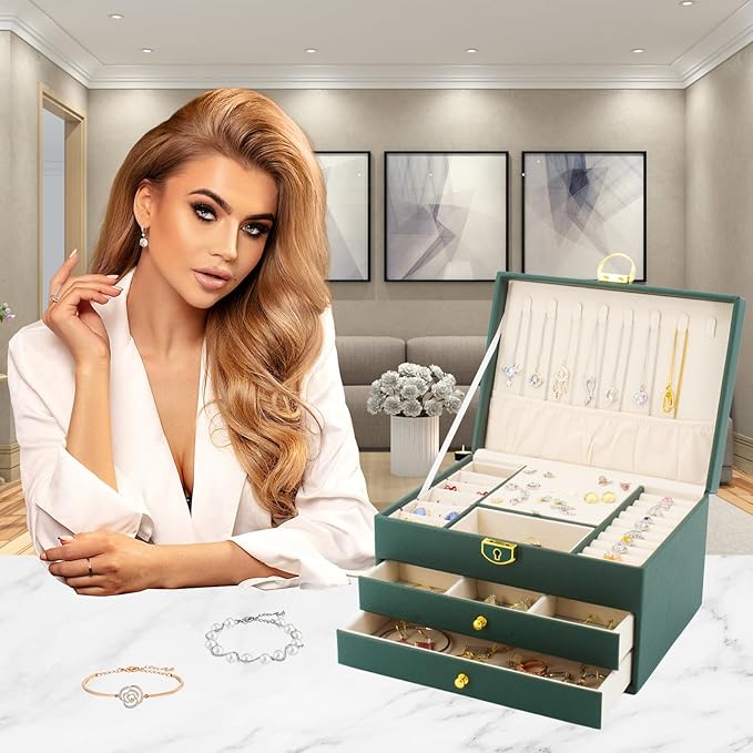 KOOAAICCHI Jewelry Box for Women, 3-Layer Jewelry Organizer, Jewelry Storage Case PU Leather for Earrings, Bracelets, Ring, Necklaces-Green