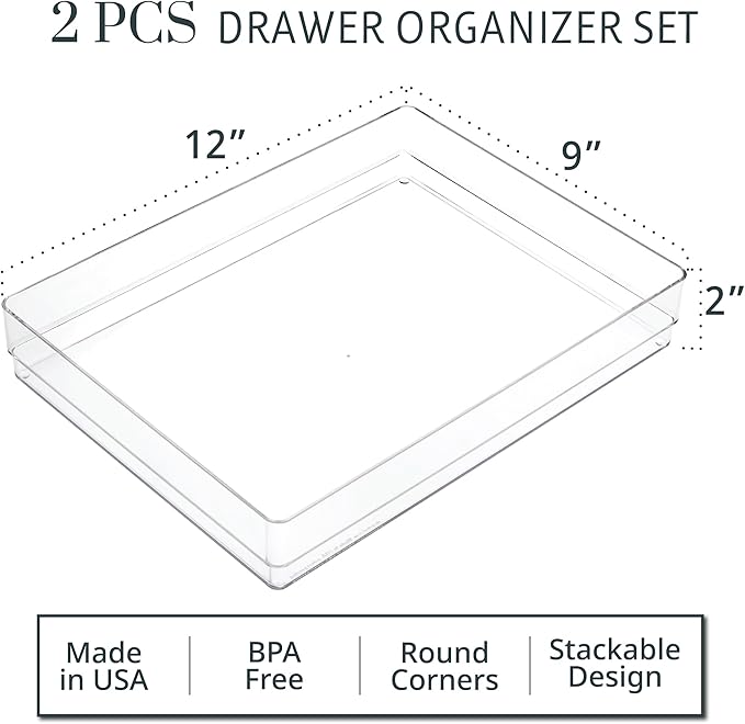 STORi SimpleSort 2-Piece Stackable Clear Drawer Organizer Set | 12" x 9" x 2" Rectangle Trays | Wide Makeup Vanity Storage Bins and Office Desk Drawer Dividers | Made in USA