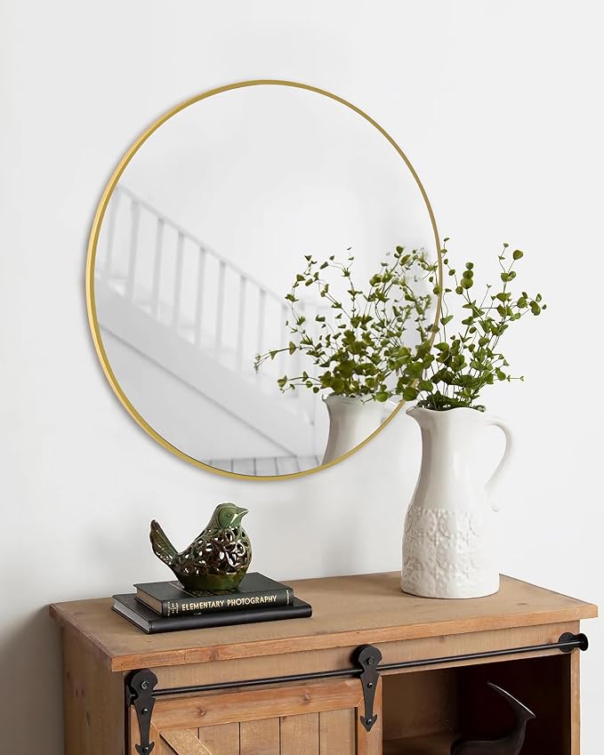 Gold Round Mirror,Bathroom 24 Inch Vanity Wall Mirror,Modern Circle Mirror for Wall,Wood Mirror for Bedroom Living Room Entryway