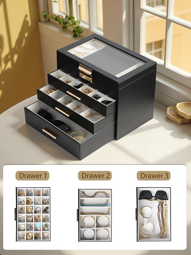 BOOVO Jewelry Boxes for Women, White and Black 4 Layer Large Jewelry Box for Necklace, Bracelet, Earrings, Rings Storage, Jewelry holder Organizer for Girls Gift (Clear Black, 4 layer)