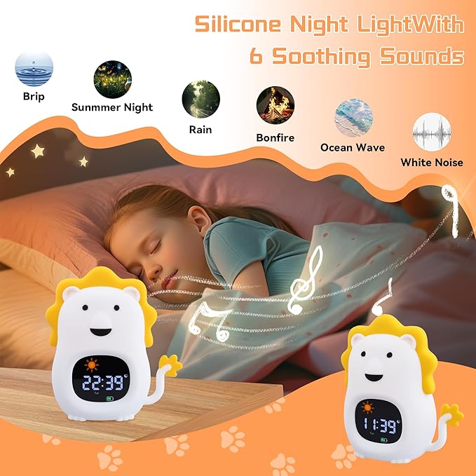 Kids Alarm Clock,Soft White Noise Sleep Trainer,Bedroom Kid Night Light Clock, Kid Wake-up Clock with Snooze Function,Bedtime Companion for Independent Sleep (Lion)