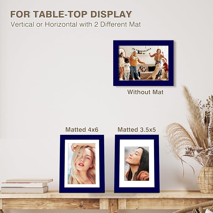 KINLINK 5x7 Picture Frame Navy, Solid Wood Frames with Acrylic Plexiglass for 3.5x5/4x6 with Mat or 5x7 without Mat, Tabletop and Wall Display Photo Frame Set of 4