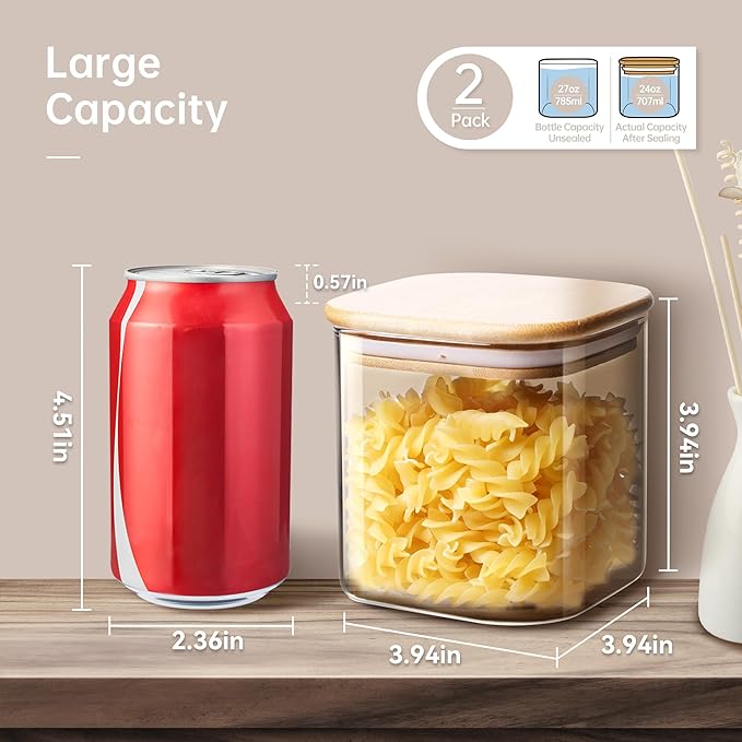 Square Glass Jars with Bamboo Lids 27 FL OZ [Set of 6], Glass Canisters with Airtight Lids, Glass Food Storage Containers for Coffee, Sugar, Tea, Candies, Cookies,Best for Kitchen & Pantry