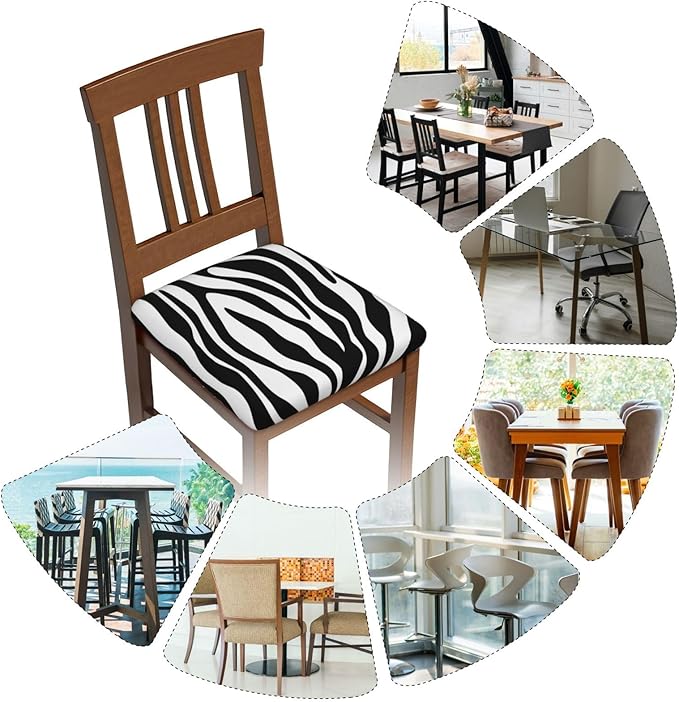 Seat Covers for Dining Room Chairsset of Set of 4, Black White Zebra Stripe Stretch Chair Seat Covers Cushion Slipcovers for Kitchen Office