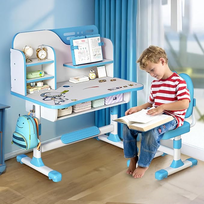 Kids Study Desk and Chair Set, Height Adjustable Kids Table and Chairs, Desk for Bedroom, Children School Study Writing Tables with Large Writing Board, Ideal Gifts for Boys Girls