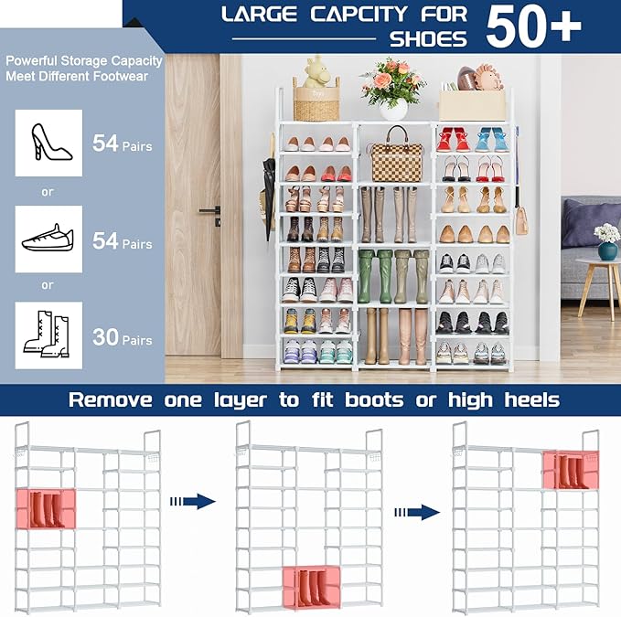 Mavivegue 9 Tiers Shoe Rack Tall Shoe Organizer Shoe Storage 50-55 Pairs Vertical Shoe Shelf Large Shoe Rack Organizer Stackable Shoe Racks for Entryway, Closet, Garage, Bedroom,Cloakroom - White