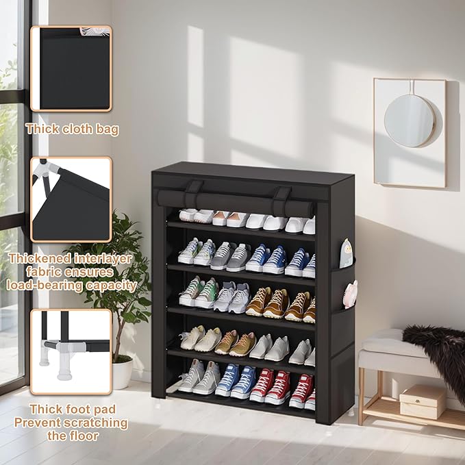 Laiensia 5-Tier Vertical Shoe Rack Organizer, Space Saving Shoe Storage Organizer, Non-Woven Cover Shoe Shelf Holds 20-25 Pairs for Bedroom, Hallway, Closet Entryway, Black
