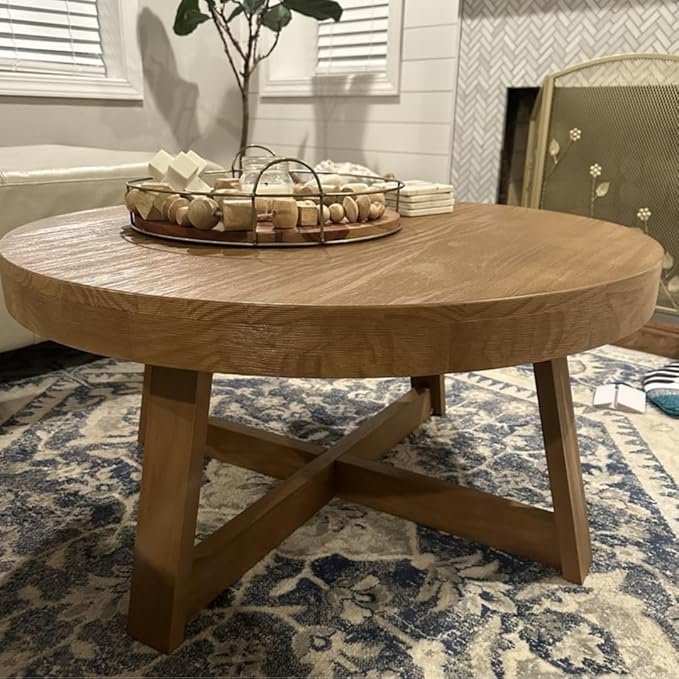 Plank+Beam Classic Round Coffee Table, 36" Farmhouse Coffee Table, Mini Center Tables for Small Spaces, Small Living Space Tea Table, Pecan Wirebrush