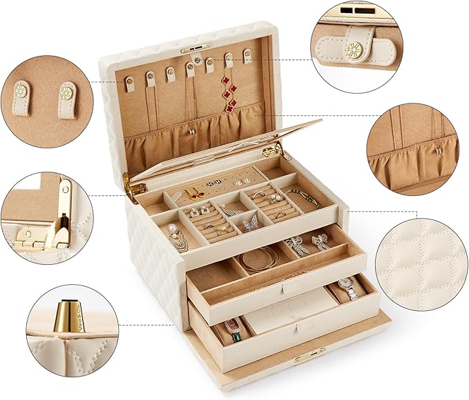 Vee Jewelry Box, 3-Layer Jewelry Case Diamond Quilted Leather Jewelry Organiser with Drawers,Jewelry Storage with big Mirror,Multipurpose Use with Key Lock,Gift Idea (beige, Large-13.39*10.04*8.66in)