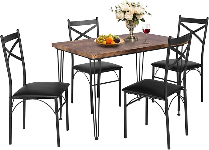 VECELO Kitchen Dining Room Table Set with 4 Chairs for Small Space, Apartment,Metal Steel Frame