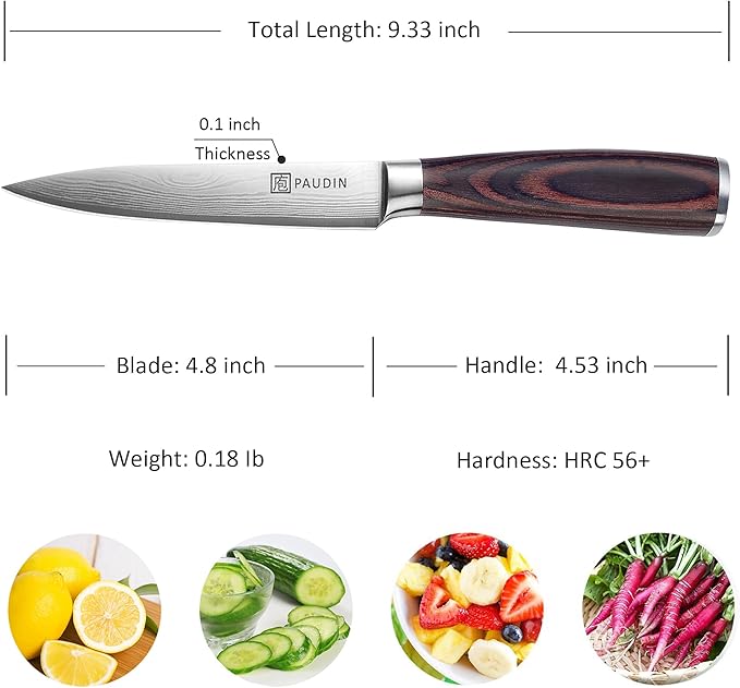 PAUDIN Utility Knife, 5 Inch Chef Knife, Ultra Sharp High Carbon Stainless Steel, Multipurpose Paring Knife for Fruit and Vegetable Cutting with Wooden Handle, Premium Gift Box