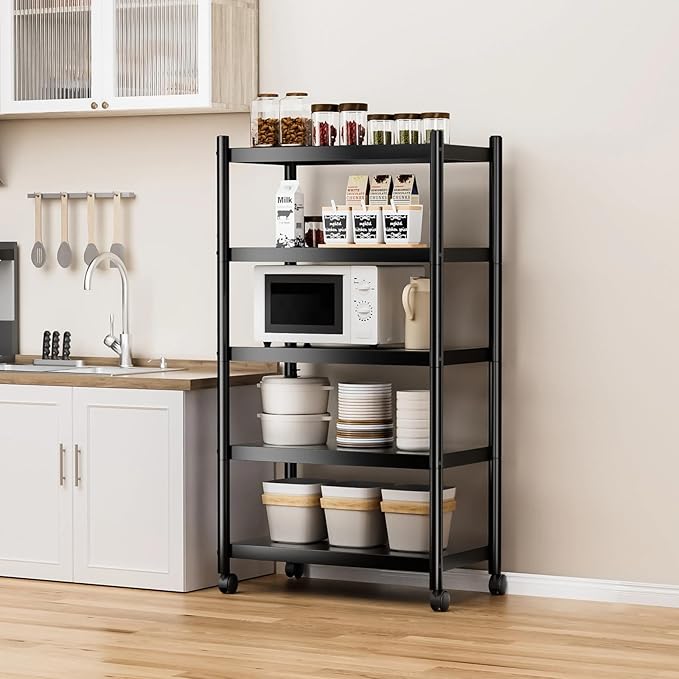 VETALLO 5-Shelf Utility Metal Shelving Storage Rack Adjustable Heavy Duty Shelves Standing Units with Wheels, for Home Pantry,Garage,Closet,Kitchen,Laundry,Bathroom (29.6" L x 13.7" W x 62.2" H)