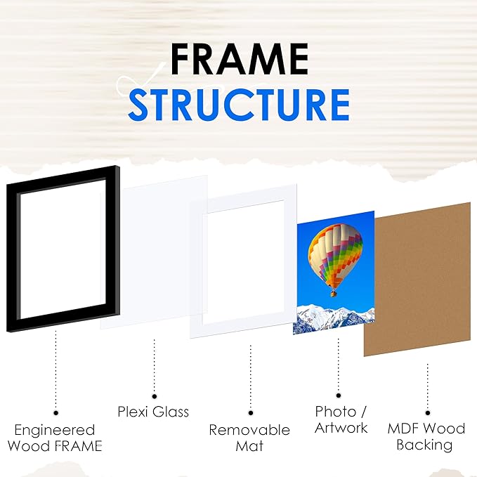 FIXSMITH 8.5x11 Picture Frame Bulk-6 Pack, Photo Frame with HD Plexiglass, Display Pictures 6x8 with Mat or 8.5x11 Without Mat, Black Picture Frames Collage Wall Decor, Gallery Wall Frame