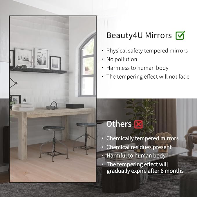Beauty4U 76" x 34" Large Full Length Mirror with Stand, Black Wall Mounting Full Body Tempered Mirror, Metal Frame Full-Length Mirror for Living Room, Bedroom