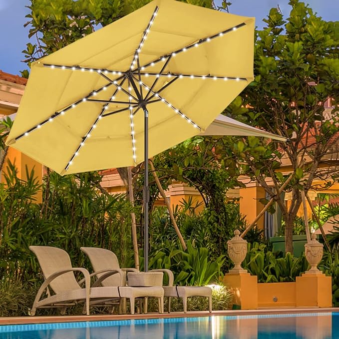 EliteShade USA 10-Year-Non-Fading Solar 9ft 3 Tiers Market Umbrella with 80 LED Lights Patio Umbrellas Outdoor Table with Ventilation,Sunflower Yellow
