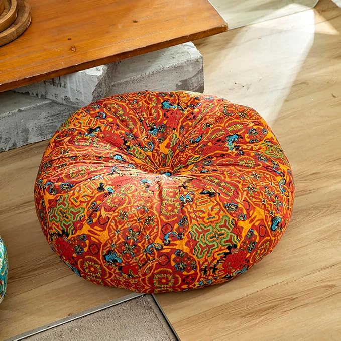vctops Boho Cotton Linen Round Chair Seat Cushions for Dining Kitchen Office Chairs Patio Super Soft Printed Chair Pads Floor Pillow (Orange,22"x22")