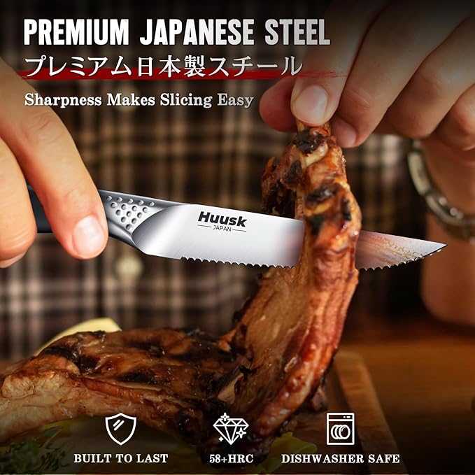 Huusk Serrated Steak Knives Set, 4.5" Japanese Stainless Steel Steak Knives Set of 12, Sharp Dishwasher Safe Dinner Knife for Kitchen Table, Gifts for Men