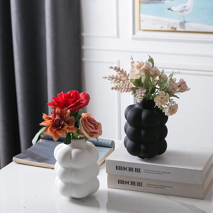 Black Ceramic Vase - Small Spherical Flower Vase for Centerpiece, Three Floors Design for Modern Home Decor, Boho Decorative Vase - 6.7" Tall