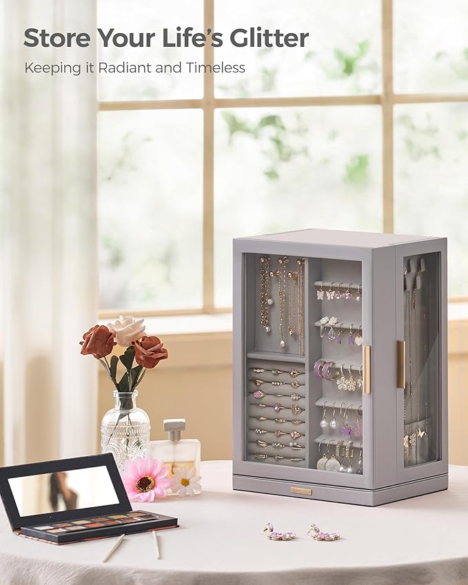 360° Rotating Jewelry Box with 7 Drawers, Spacious Vertical Jewelry Organizer with Glass Window, Jewelry Storage Case, Dustproof & Moisture-resistant Design, Grey