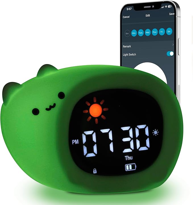 Bumble & Bright Go & Glow Cat App Control Kids Alarm Clock – Digital Sleep Trainer with USB-C Corded, 8 Night Light Colors, 6 Soothing Sounds, 12/24H Routine Trainer, Gift for Boys & Girls