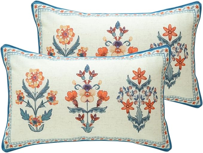 Design Lumbar Linen Throw Pillow Covers 12"x20" Pack of 2, Blue Country Cushion Covers with Colorful Wildflower Pattern Decor Rectangle Pillowcases for Bed,Living Room,Outdoor,Car