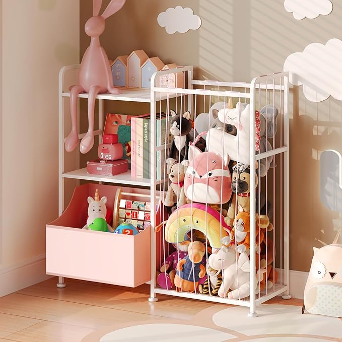 BBLIKE Stuffed Animal Storage - Stuffed Animal Net with Kids Bookshelf and Toy Organizer, 2-Tier White Bookshelf with Stuffed Animal Holder and Fabric Toy Chest for Kids Room, Playroom, Nursery, Pink