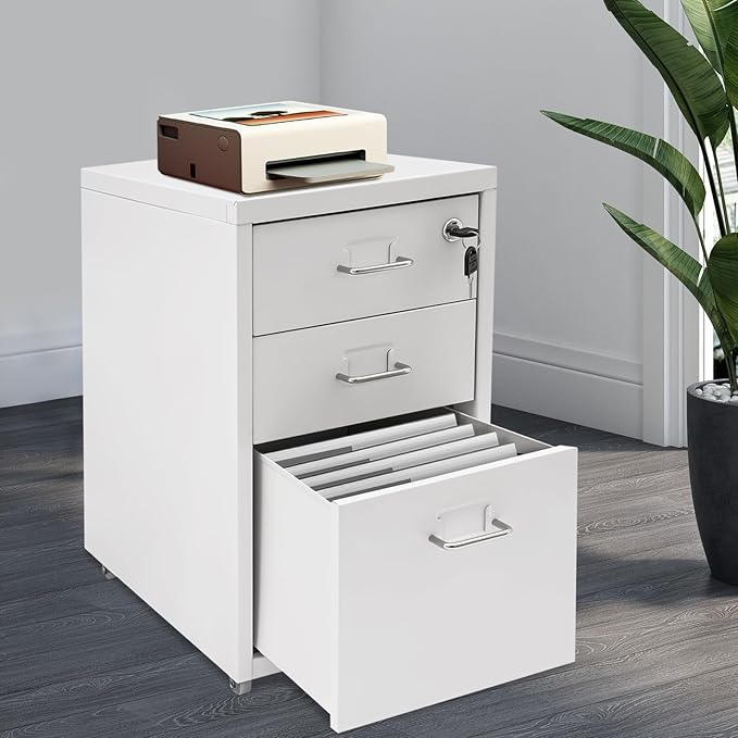 3 Drawer Rolling File Cabinet with Lock, 11 x 16 x 18.3in Filing Cabinet with Wheels, Wood Under Desk Office Storage Cabinet fits A4, Letter Sized Documents for Home Office (White)
