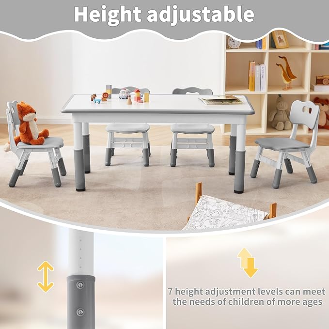 Adjustable Kids Table, Arts and Crafts Child Table with Graffiti Desktop, 7 Level Height Adjustable Children Table for Ages 3-8, Easy to Wipe Toddler Desk for Classrooms/Daycares/Homes