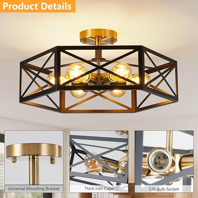 6 Light Semi Flush Mount Ceiling Light, Black Gold Ceiling Light, Industrial Hallway Light Fixtures Ceiling Mount, Modern Metal Hexagon Cage Ceiling Lamp for Kitchen, Bathroom