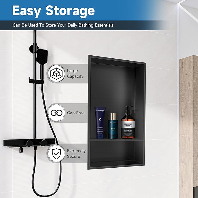 12" X 25" Stainless Steel Shower Niche Insert Tile Ready, Niche for Shower Wall, 2-Tier Recessed Shelves No Tile Needed for Bathroom Storage, Matte Black