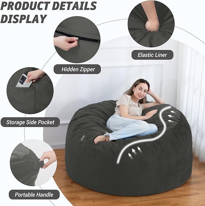 5FT Bean Bag Chair with Ultra Soft Velvet Cover Bean Bag Sofa with Memory Foam Bean Bag Chairs with Large Size Lazy Sofa for Dorm Office Living Room Bedroom Grey 5'