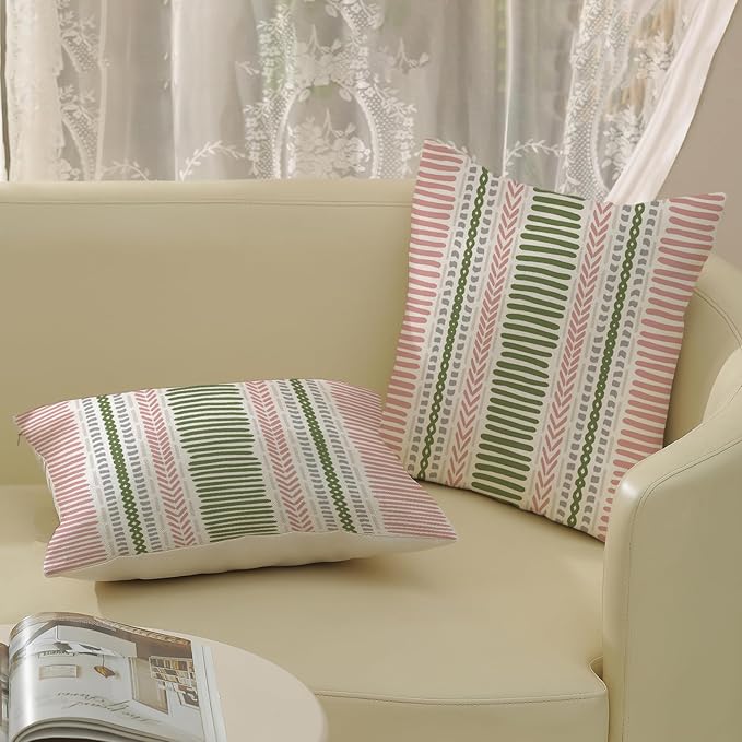 Boho Pillow Covers 18x18 Set of Pink Sage Green Stripes Throw Pillow Covers Outdoor Decoration,Bohemian Abstract Modern Decor Pillowcase Farmhouse Linen Decorative Cushion Cover for Home Couch