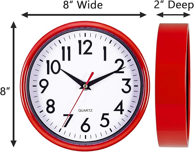 Bernhard Products Red Wall Clock 8" Retro Kitchen Silent Non-Ticking Quality Quartz Battery Operated Round Clock for Office Classroom Bedroom Bathroom Easy to Read