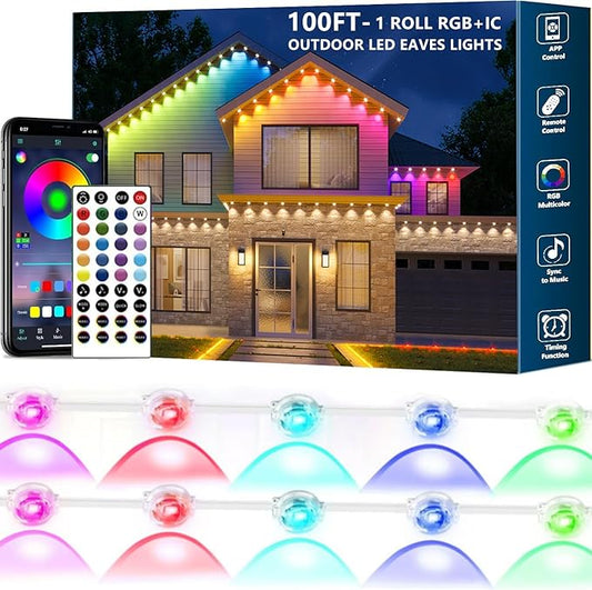 Permanent Outdoor Lights,100ft RGB + IC Smart LED Eaves Lights with App & Remote Control, IP67 Waterproof,for Christmas and All Holiday Decor,Daily and Accent Lighting,House Roof and Garden Lighting
