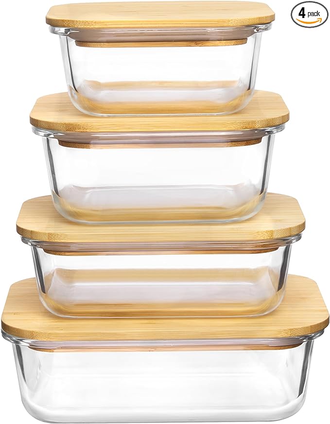 Vtopmart Glass Food Storage Containers with Bamboo Lids, 4 Pack Meal Prep Glass Containers Safe for Microwave, Oven, Freezer and Dishwasher, BPA Free