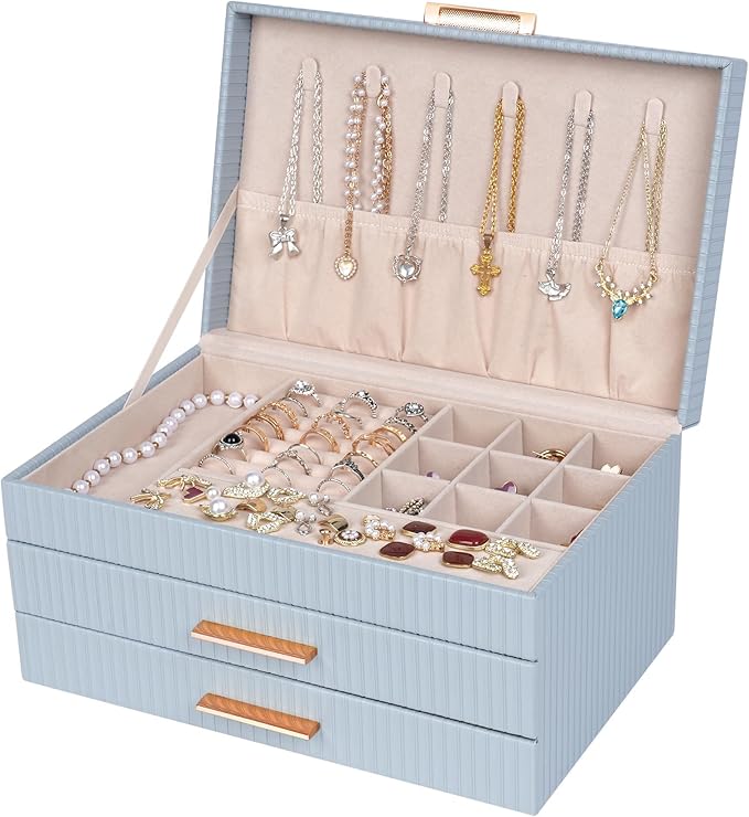 Dajasan Jewelry Organizer Box, Jewelry Storage Organizer with 2 Drawers, 3-Tier Large Jewelry Gift Box for Women, Girls, Friends, Wife or Mother, Gift Idea (Smoky Blue)