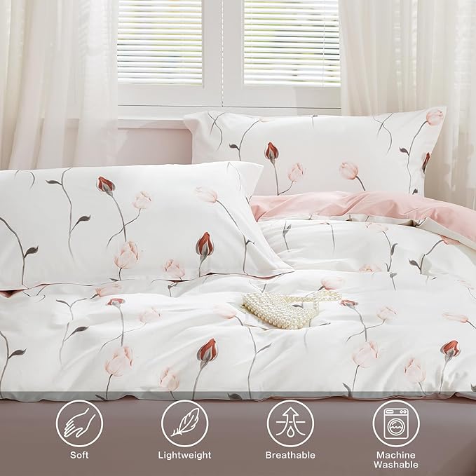 SAPHREAS Rosebud Floral Duvet Cover Set Queen Size 3pcs Pink Red Botanical Flower Soft Bedding Comforter Cover Set 100% Cotton 1 Duvet Cover 90"x90" 2 Pillow Shams, Comforter Not Included