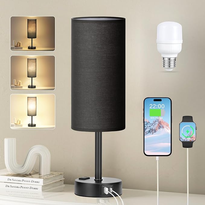 Black Bedroom Lamp for Nightstand - 3 Way Dimmable Bedside Lamp USB C A Charging Ports and AC Outlet, Small Table Lamp Black Base for Living Room, Office Desk, LED Bulb Included