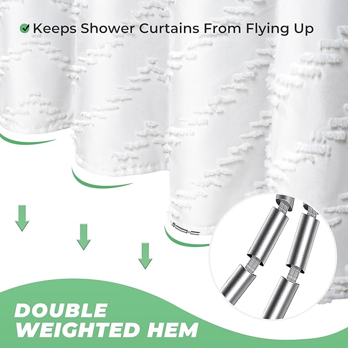 Extra Long Shower Curtains 72 x 84 Inches White Tufted Chevron Striped Fabric Shower Curtains for Bathroom Modern Shabby Chic Waterproof Cloth Shower Curtain, White