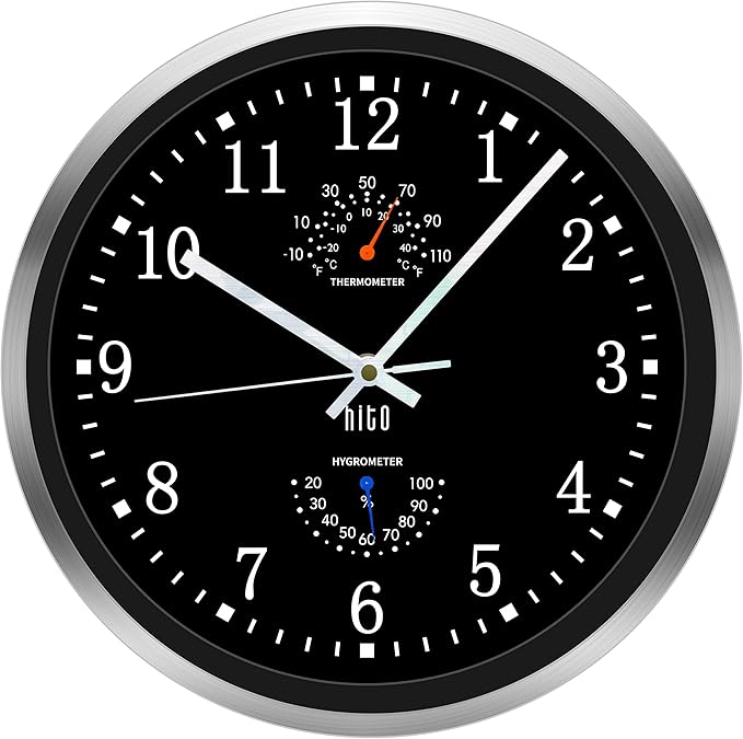 HITO 12 Inch Silent Wall Clock Battery Operated Non Ticking Glass Cover Silver Aluminum Frame, for Kitchen, Bedroom, Home Office, Living Room Decor (12" Black)