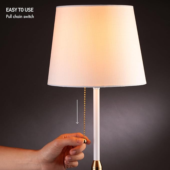 O'Bright Velum Floor Lamp - Elegant Linen Shade, Pull Chain Switch, Luxury Gold Handle, Modern Minimalist Design - Perfect for Living Room, Bedroom, Office - White